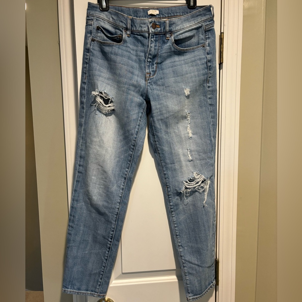 J Crew stretch straight leg distressed jeans, sz 27